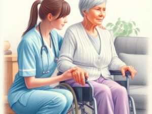 A caregiver giving care to an elderly woman with disabilities.